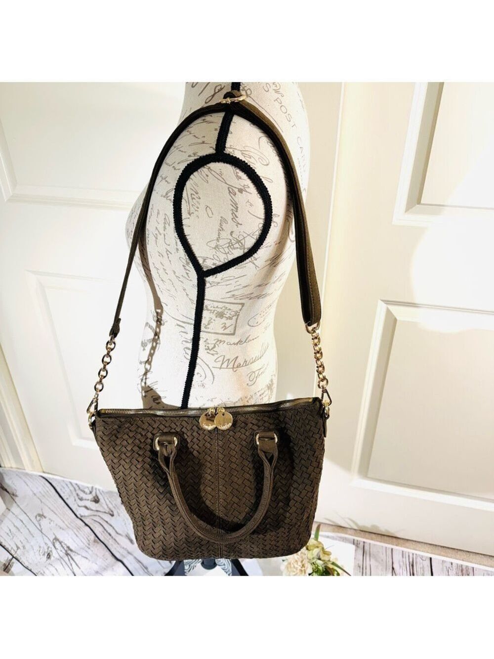 Neiman Marcus Olive Green Woven Shoulder Bag